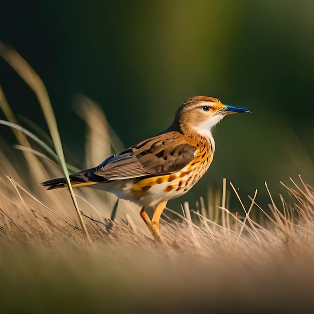 Zdjęcie ptak z niebieskim dziobem stoi na polu trawy.