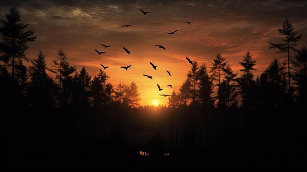 Ptaki latające nad lasem podczas zachodu słońca s sylwetka