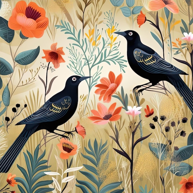 ptaki na letnim polu sztokholmski wzór w stylu odważnych ilustracji graficznych