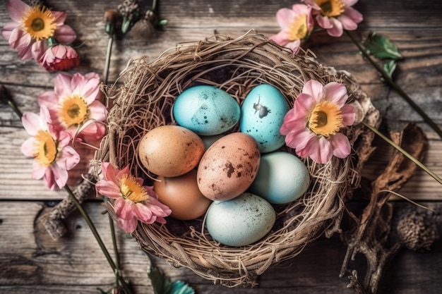 Ptasie gniazdo wypełnione jajami otoczonymi kolorowymi kwiatami Generacyjna sztuczna inteligencja