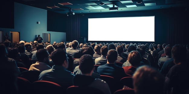 Publiczność pełna ekspertów w ciemnej sali konferencyjnej ogląda prezentację