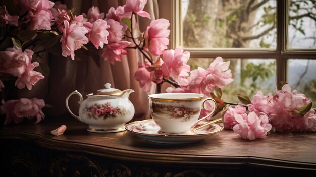 Puchar i talerz na stole z różowymi kwiatami