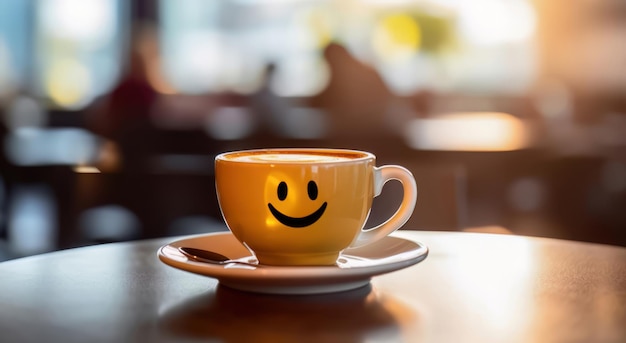 Puchar kawy Cafe Cheer z emotikonem na rozmytym tle