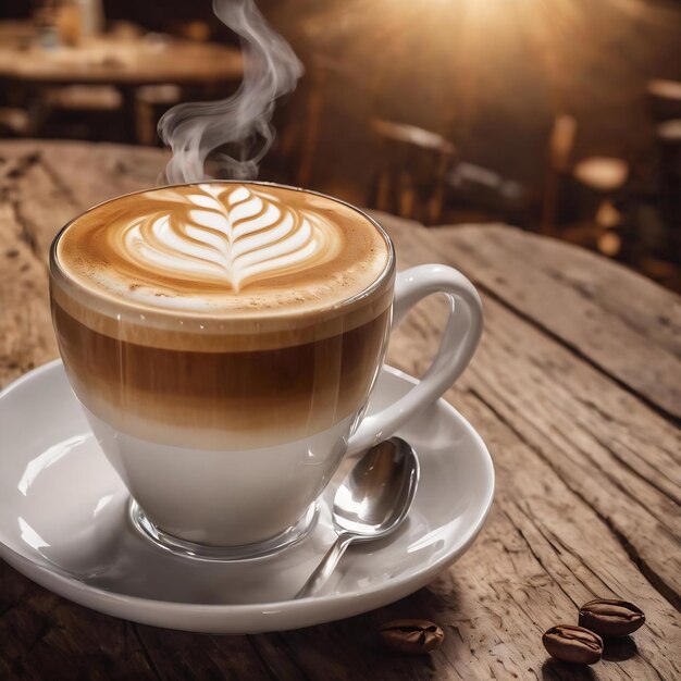 Puchar kawy latte na drewnianym stole z parą Międzynarodowy dzień kawy