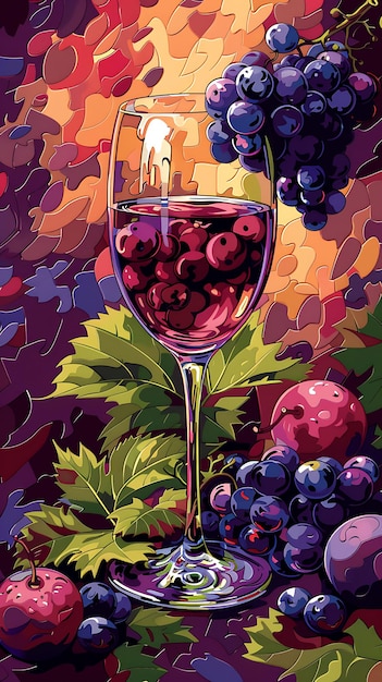 Puchar wina z teksturą zmiażdżonych winogron Owocowy kolaż Ef Ilustracja Trendowy dekor tła