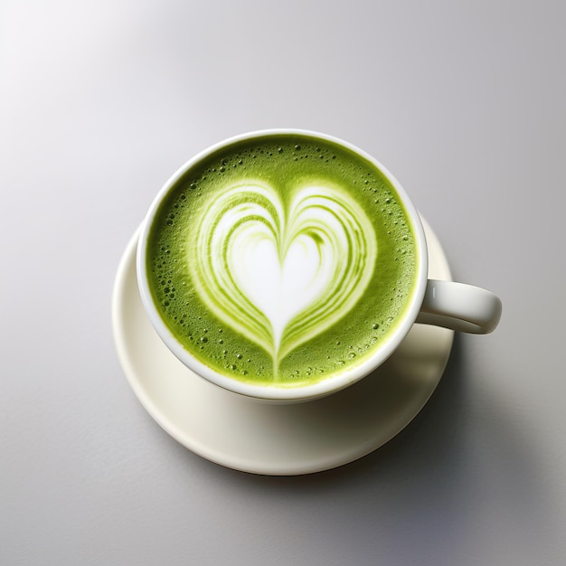 Puchar z latte w kształcie serca z dekoracją z pianki mlecznej na powierzchni zielonego cappuccino z góry