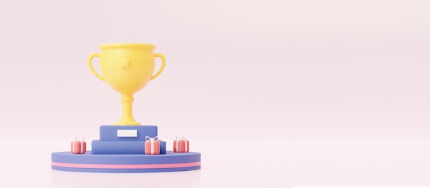 Puchar Zwycięstwa na cokole z prezentami Ilustracja z pustą przestrzenią renderowania 3d