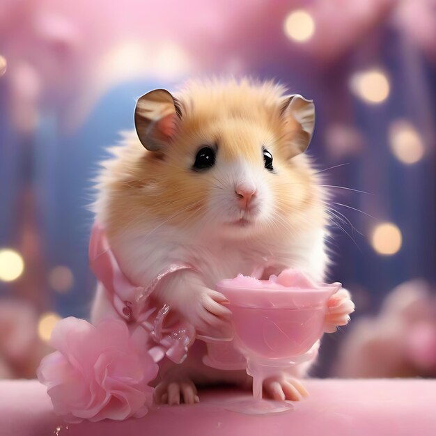 Puchaty mały chomik w różowej sukience.