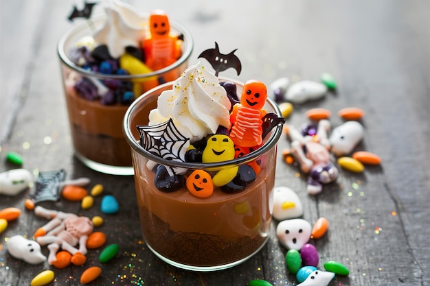 Puddingi czekoladowe z dyni w szklanych słoikach ozdobionych cukierkami na Halloween