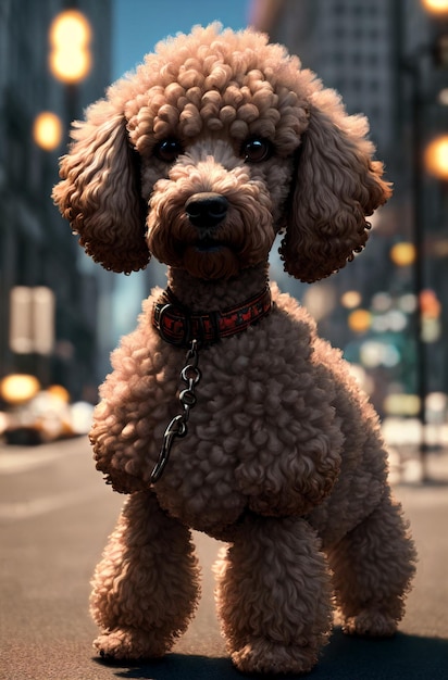 Pudel w mieście Śliczny kędzierzawy pies na spacerze ulicą miasta Generacyjna sztuczna inteligencja