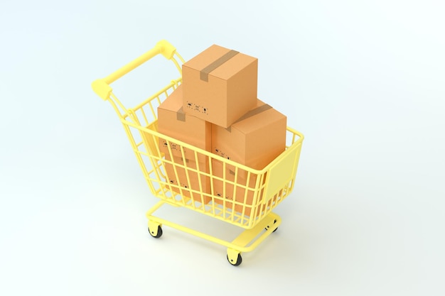 Pudełka do pakowania i żółty wózek na zakupy renderowania 3d