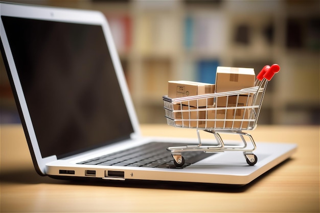 Pudełka do pakowania produktów w koszyku zakupowym i laptop do zakupów internetowych i koncepcji dostawy