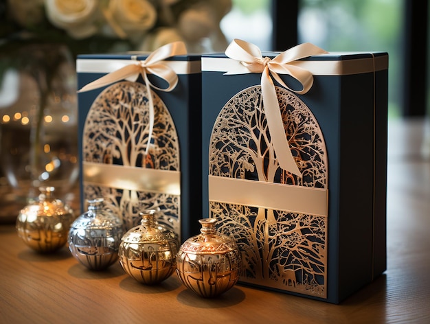 Pudełka na prezenty świąteczne na rozmycie świątecznego tła Boże Narodzenie Koncepcja zimowa Desing dla karty z pozdrowieniami