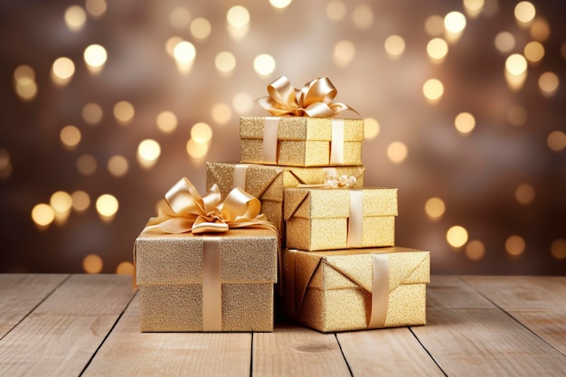 Pudełka na prezenty świąteczne Stos złotych prezentów lub pudełek na drewnianym stole Kompozycja na urodziny