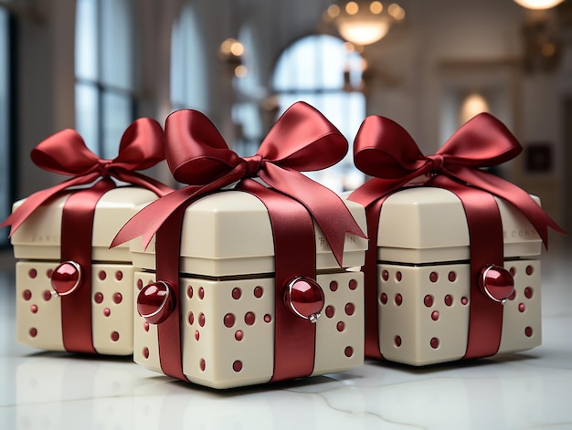 pudełka na prezenty świąteczne z czerwonymi kokardkami i kokardkami