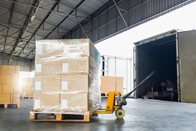 Zdjęcie pudełka opakowaniowe owinięte plastikiem ładowanie do ładunku kontenerowa ciężarówka dok załadunkowy wysyłka magazynowa
