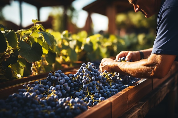 Pudełka z dojrzałymi winogronami na winnicy podczas zbiorów Produkty przyjazne dla środowiska