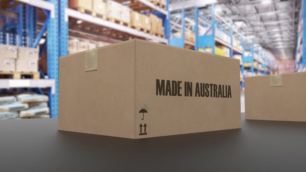 Pudełka z napisem MADE IN AUSTRALIA na przenośniku. Towary amerykańskie. renderowania 3D.