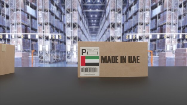 Pudełka z napisem MADE IN UAE na przenośniku. Towary związane ze Zjednoczone Emiraty Arabskie. renderowania 3D.