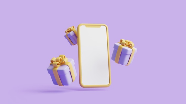 Pudełka z prezentami i telefon komórkowy na pastelowo-fioletowym tle Dekoracja świąteczna Ilustracja renderowania 3D
