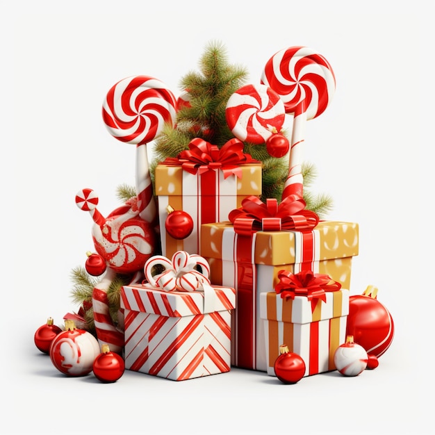 Pudełka z prezentami na Boże Narodzenie, ozdoby drzew, girlanda i pudełko na białym tle