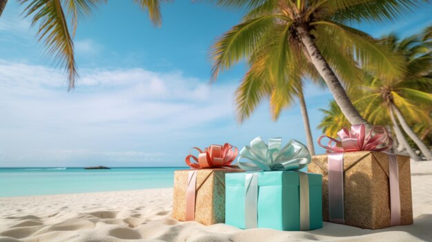 Pudełka z prezentami pod palmą na tropikalnym