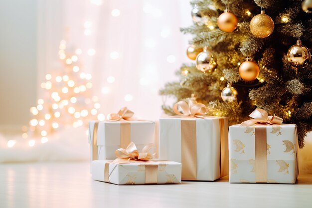 Zdjęcie pudełka z prezentami, świąteczna piłka i gałęzie na białym tle w salonie.