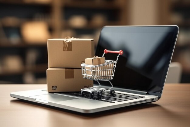 Zdjęcie pudełka z produktami i torba na zakupy w wózku z laptopem, w którym sklep internetowy robi zakupy na ekranie, aby uzyskać koncepcję zakupów i dostawy online