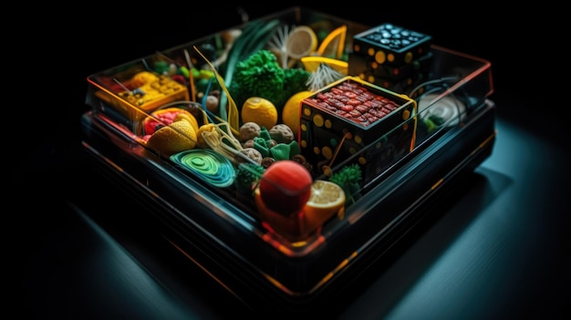 Zdjęcie pudełko bento wypełnione różnorodnymi owocami i warzywami obraz generative ai