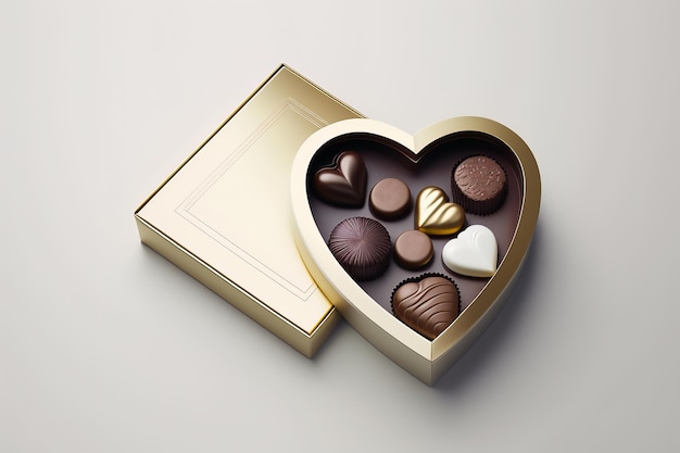 Pudełko czekoladek w kształcie serca z różnymi czekoladkami na białym tle