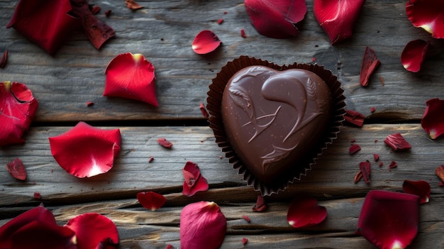 Pudełko czekoladowe w kształcie serca na drewnianej powierzchni