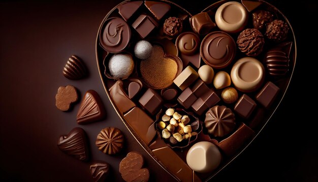 Pudełko czekoladowe w kształcie serca z czekoladkami w środku