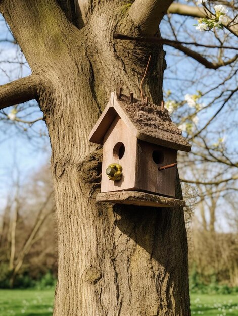 Zdjęcie pudełko dla ptaków, dom dla ptaków na drzewie