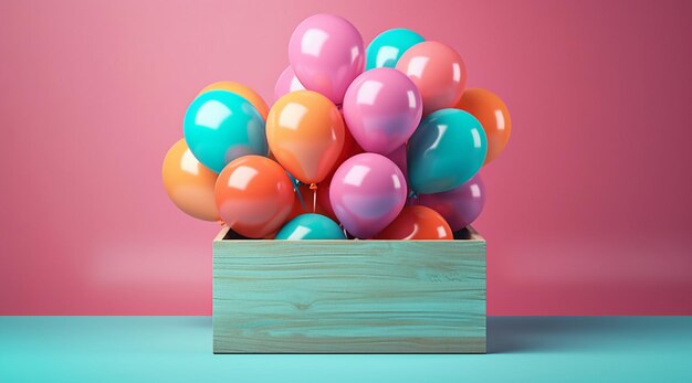 Zdjęcie pudełko kolorowych balonów jest wypełnione kolorowymi balonami.