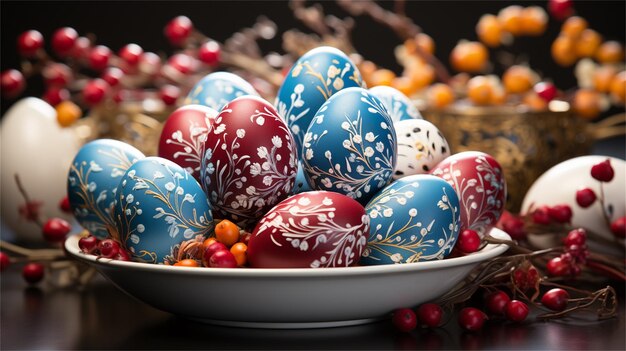 Pudełko kolorowych jajek wielkanocnych z białą miską kolorowych ozdób.