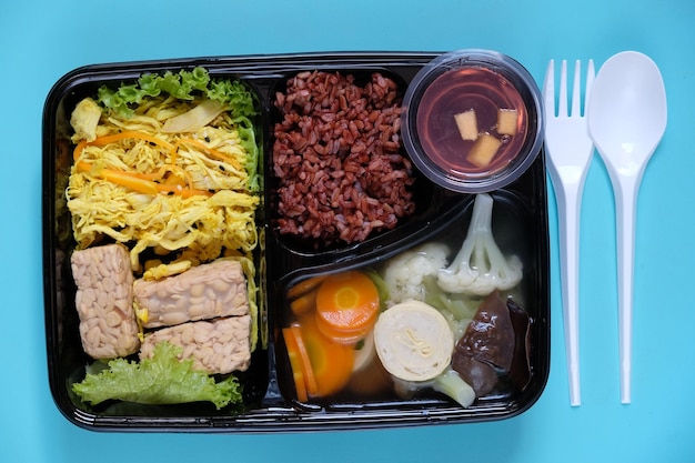 Pudełko Na Lunch Zdrowej żywności Bento Z Brązowym Ryżem, Rozdrobnionym Kurczakiem, Zupą, Tempeh Tofu. Menu Dietetyczne.