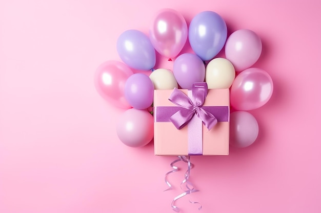 Pudełko na prezent urodzinowy z kolorowym balonem na różowym pastelowym tle Wygenerowane Ai