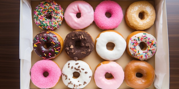 Pudełko pączków o różnych smakach, w tym pączki i posypki