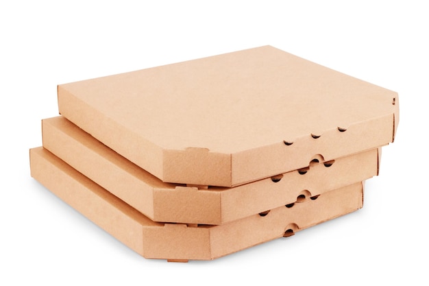 Zdjęcie pudełko po pizzy, widok z góry, brązowy, na białym tle