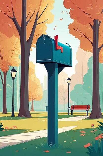 Zdjęcie pudełko pocztowe w parku ilustracja w płaskim stylu generatywna sztuczna inteligencja