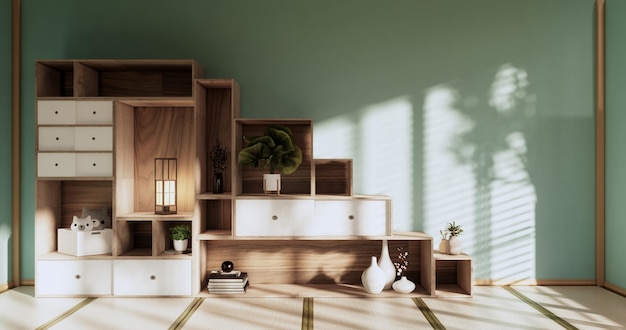 Pudełko półki ścienne w salonie mata tatami w stylu japońskim i lampa dekoracyjna i rośliny na miętowym renderowaniu zen room3D