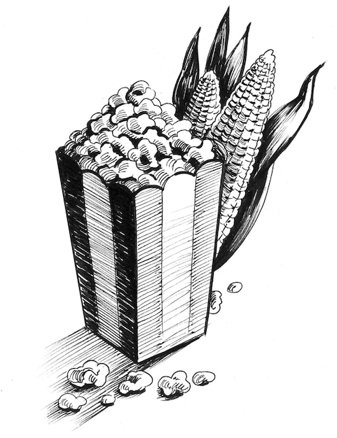 Pudełko popcornu. Tusz czarno-biały rysunek