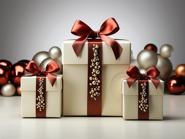 pudełko prezentów świątecznych z czerwoną wstążką i kokardą.