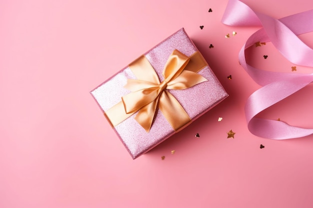 Pudełko prezentowe ze złotą satynową wstążką i kokardką na różowym tle Generatywna ilustracja AI