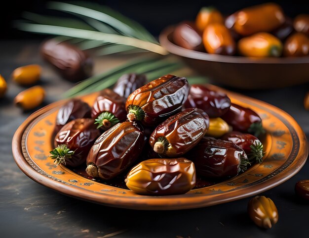 Pudełko pysznych owoców palmowych na drewnianym stole jadalnym na Iftar Ramadan Kareem islamskie tło Kopiuj przestrzeń