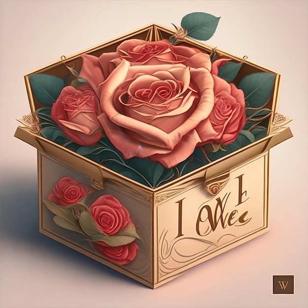 Pudełko róż ze słowem miłość na tle gradientu odpowiednim dla karty z pozdrowieniami