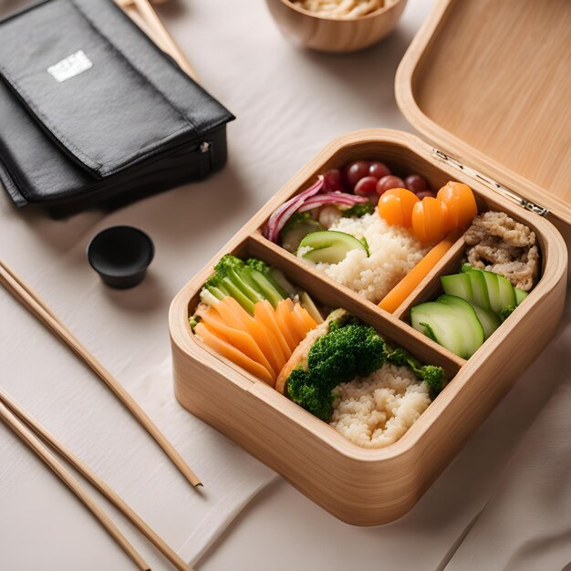 Zdjęcie pudełko sushi siedzi na stole z pałeczkami