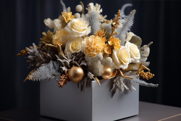 Pudełko świąteczne z układem kwiatowym z sosną i różami Generative AIxA