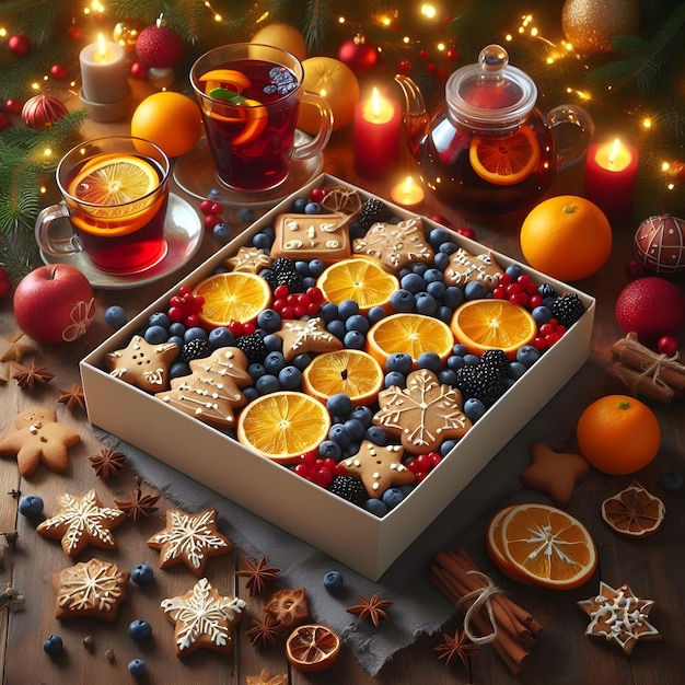 Pudełko świątecznych ciasteczek z wspaniałych pomarańczowych i borówkowych owoców