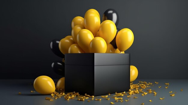 Pudełko wypełnione żółtymi i czarnymi balonami na białym tle Generatywne ai